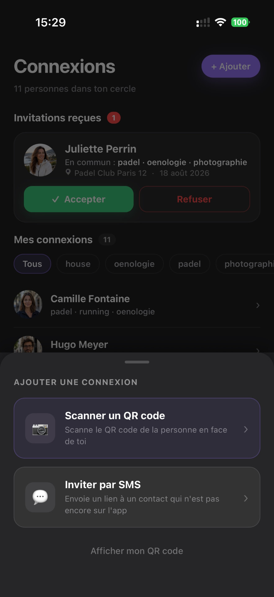 Écran Connexions de l'application Moora