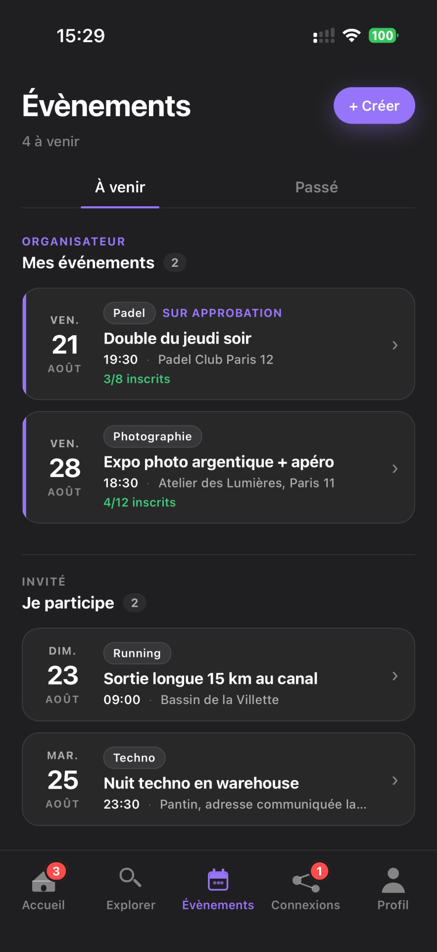 Écran Évènements de l'application Moora